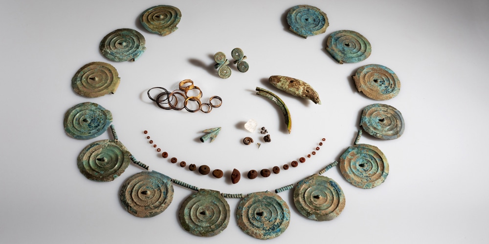 Der Hort umfasst ein Collier mit Stachelscheiben, eine Bernsteinkette, Fingerringe, Goldspiralen und Sonderfunde wie ein Bärenzahn oder ein Ammonit.