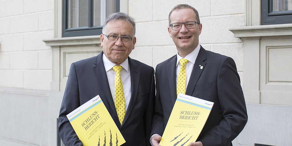 Regierungsrat und OK-Präsident Walter Schönholzer (rechts) und OK-Chef Werner Dickenmann präsentierten den Schlussbericht und die Schlussrechnung zu «Gastkanton Thurgau an der OLMA 2017».