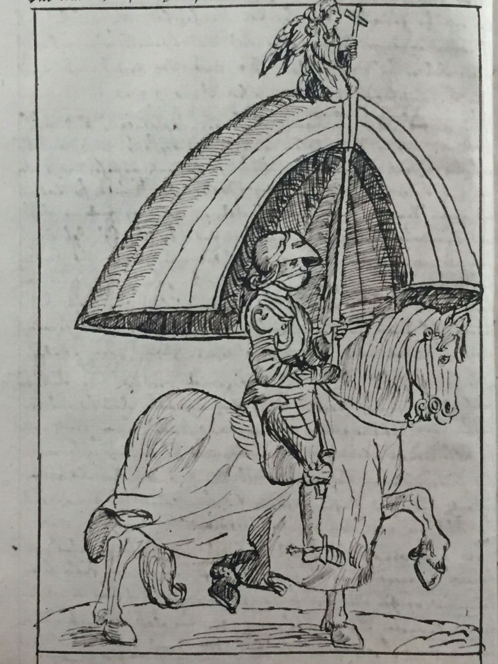 Die aufgeschlagene Seite der Ersatz-Chronik im Schloss Frauenfeld zeigt einen Reiter mit übergrossem Schirm. Dieser Schirm wurde am Konzil dem Papst vorangetragen und war Sinnbild für das Himmelszelt – eine Ehrbezeugung, die nur ganz bedeutenden Persönlichkeiten zuteilwurde.