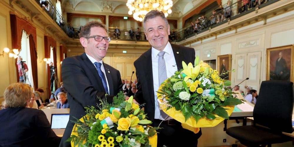 Der neu gewählte Regierungspräsident Jakob Stark und der neu gewählte Präsident des Grossen Rates Kurt Baumann.